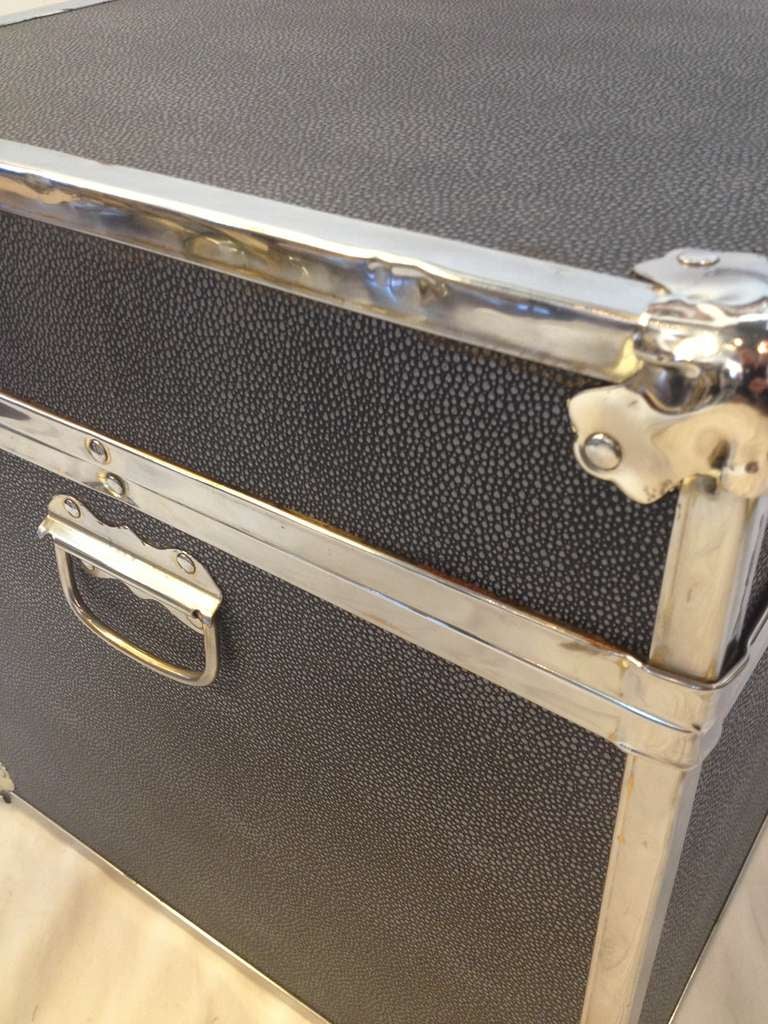 Metal Polished Chrome Faux Shagreen Slate Blue Trunk