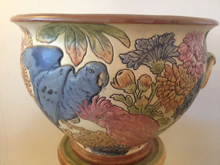 American Weller Rare Ceramic Parrot Jardiniere Pedestal