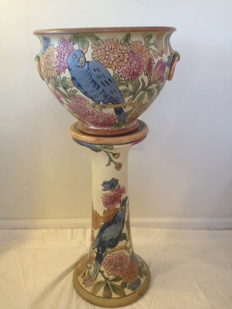 Rare Hand painted large Weller Parrot Jardiniere and pedestal all original,in wonderful Condition no repairs