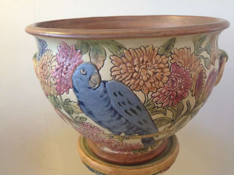 Weller Rare Ceramic Parrot Jardiniere Pedestal In Excellent Condition In Westport, CT