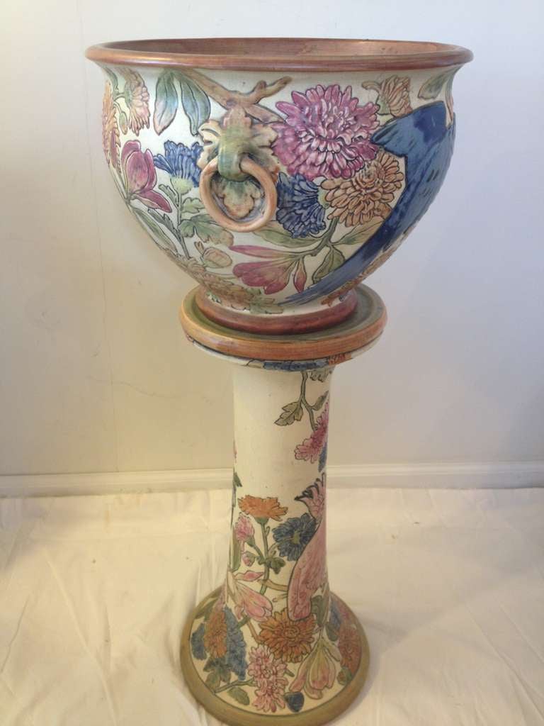 Art Deco Weller Rare Ceramic Parrot Jardiniere Pedestal