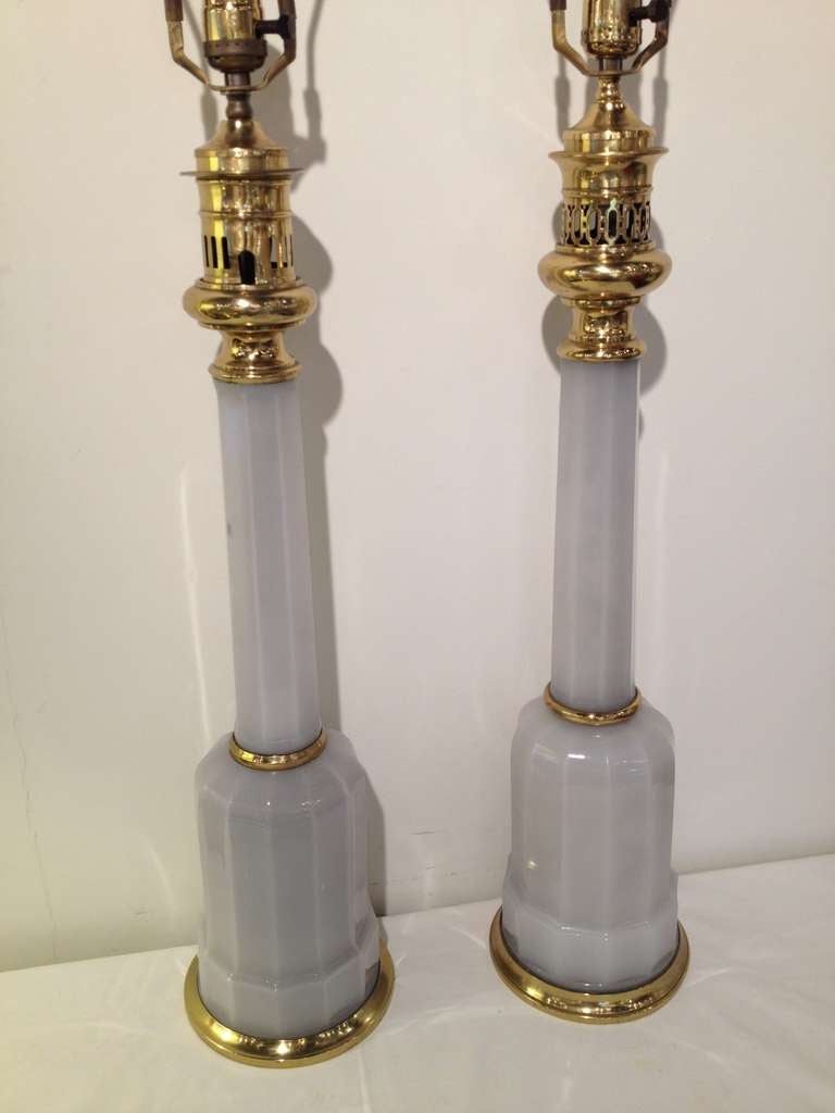 French Pair Tall Pale Grey french Opaline Lamps For Sale
