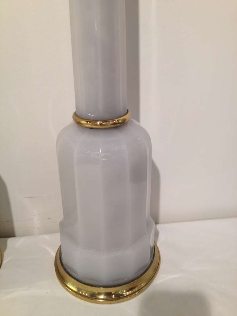 20th Century Pair Tall Pale Grey french Opaline Lamps For Sale
