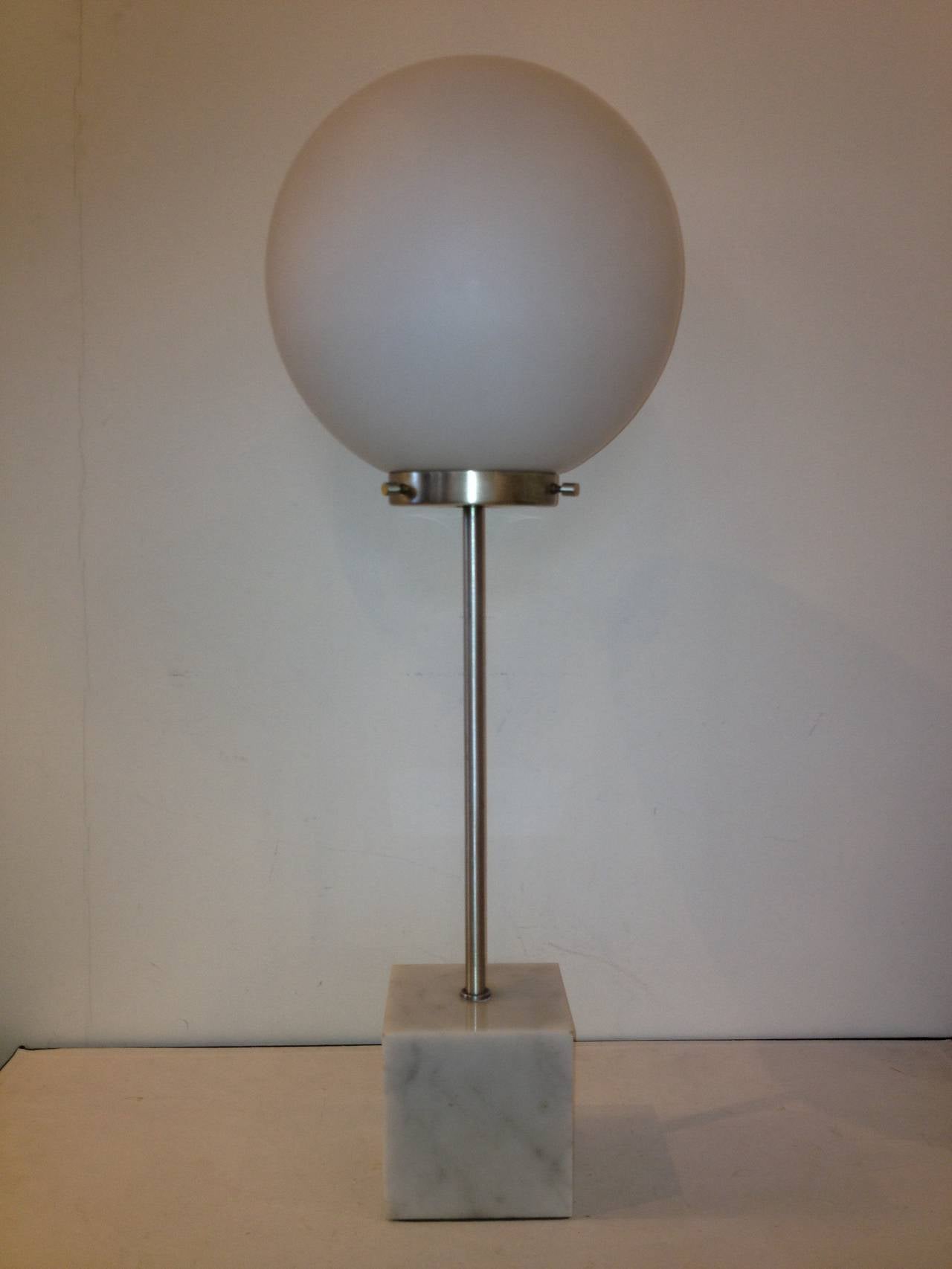 Paul Mayen Marble base brushed stainless steel white frosted Globe design lamp.