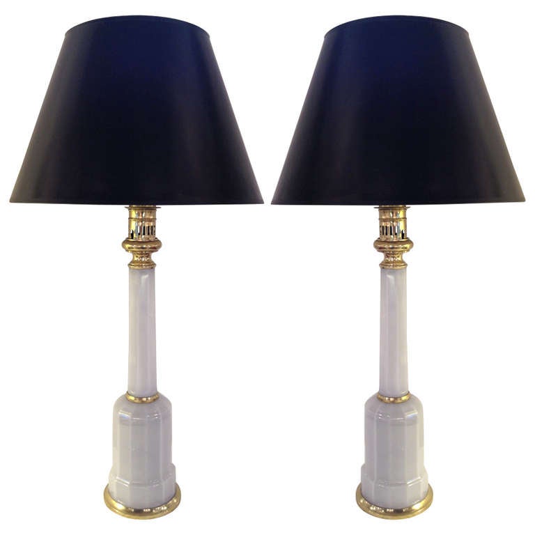 Pair Tall Pale Grey french Opaline Lamps