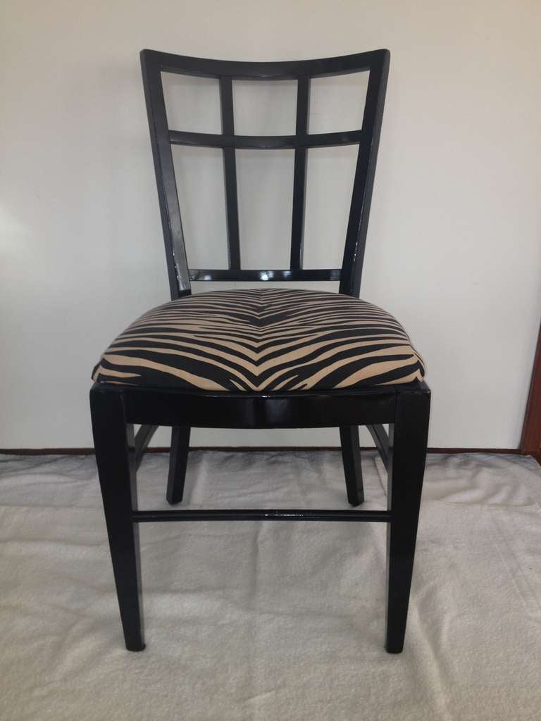 Set of 6 black lacquer 6 square design back cafe Carlyle chairs.  One back with a slight square designed back difference in size not very obvious, circa 1930's-1940's.