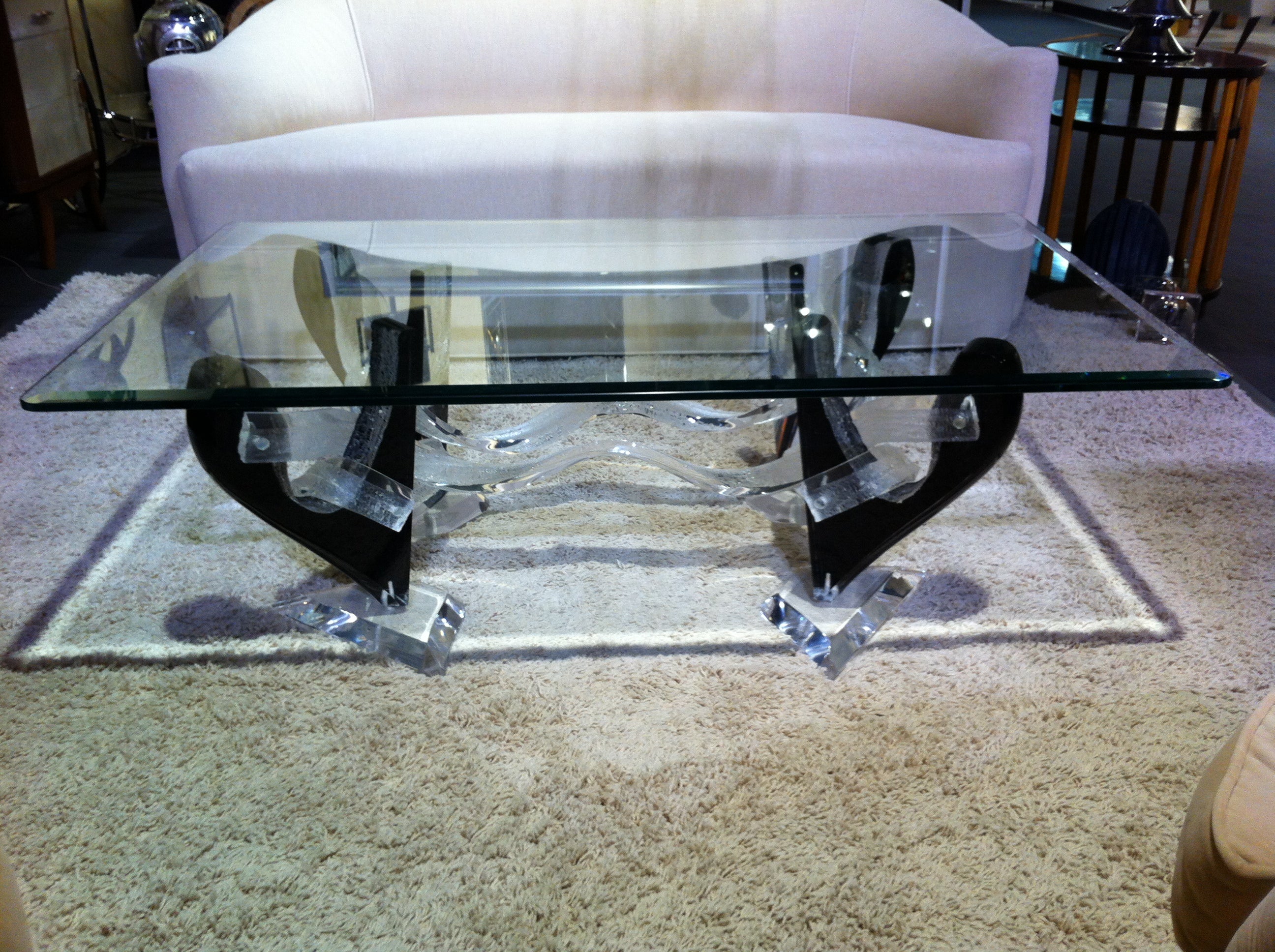 Glass And Clear And Sculpted Lucite With Black Plexi Designed Cocktail Table 
