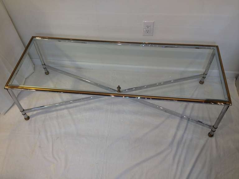 Chrome Brass Trim Glass Top Hollywood Regency Coffee Table In Excellent Condition In Westport, CT