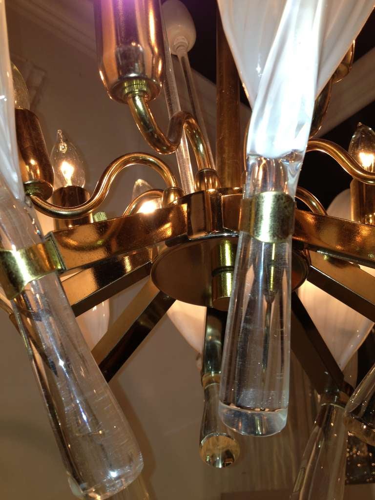 Brass Seguso  Murano Large Glass Leaf Cattail Chandelier