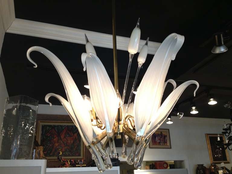 Seguso Murano white and clear large leaf and cattail chandelier brass fittings.