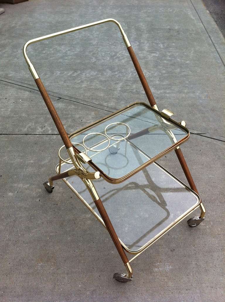 Brass and walnut bar or serving tray cart, circa 1950s cesare lacca.