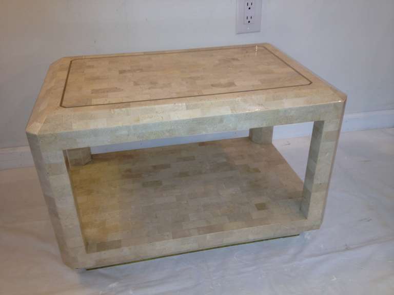 Pair of Fossil Stone Low Tables, Springer Style Brass Inlaid