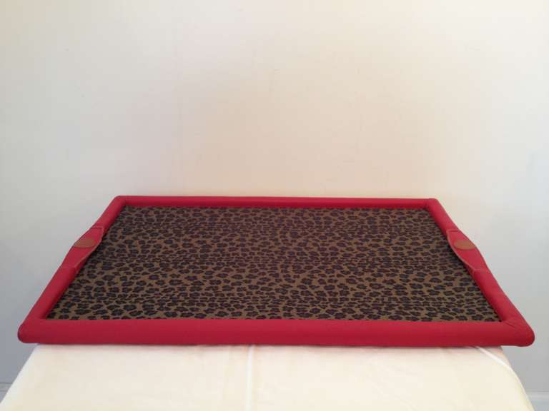 red leather trim Leopard Print Fendi fabric,glass insert tray with leather fendi Lable..two Available