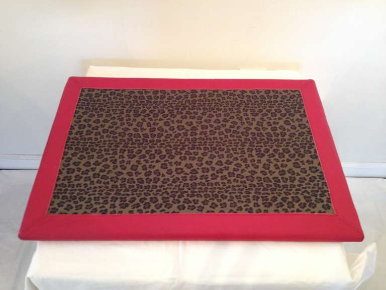 Mid-Century Modern Fendi Red Leather Leopard Print Glass Bar Tray For Sale