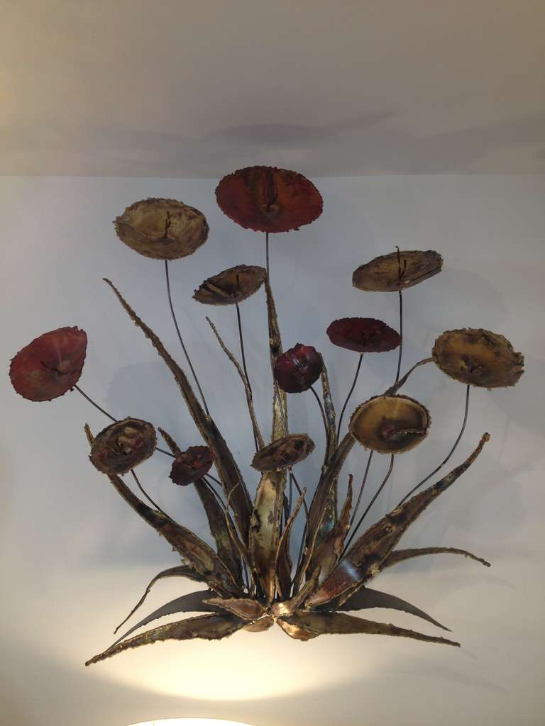 floral-themed Selas Seandel Wall sculpture signed and dated 1976 Bronze brass steel copper enameled and burnished finish