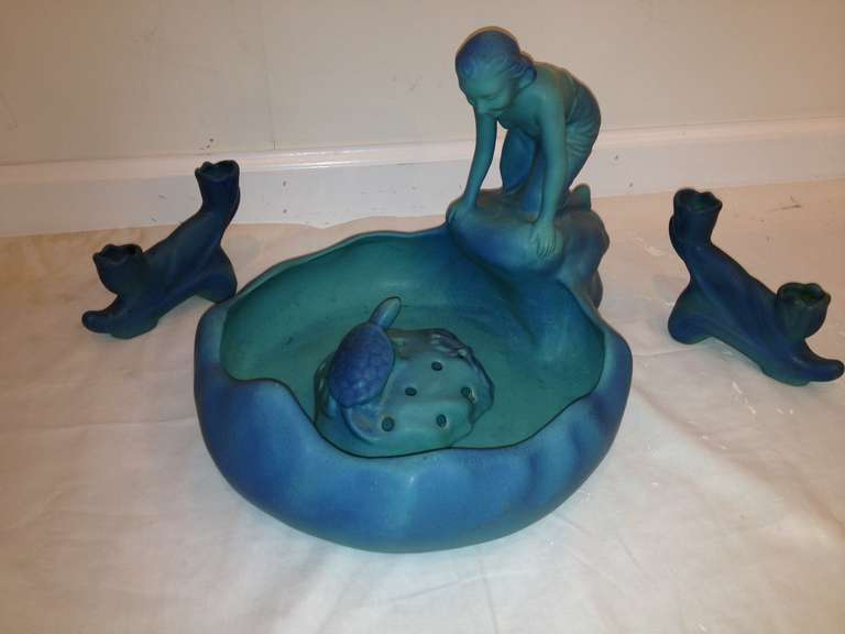 Van Briggle Colorado springs Art pottery signed lady bowl flower centerpiece with flower frog and pr candlesticks sizes centerpiece 15.75x12.25 10 high::frog measures 5::75x5 3.50 tall candlesticks 6.75 long x 2.75 deep 4.50 high