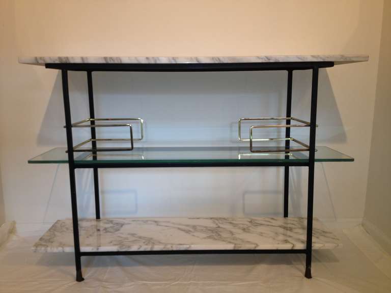 Salterini marble glass brass three tiered bar console all original  metal signature ,