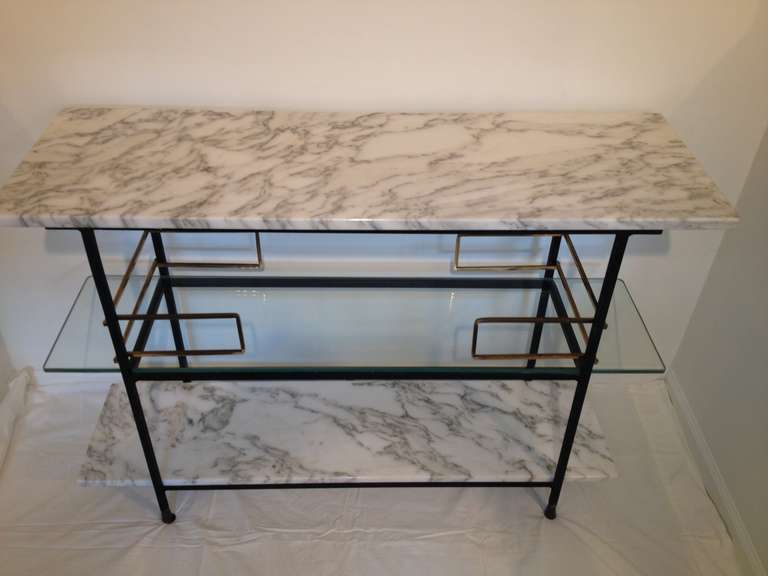 Mid-Century Modern Salterini Marble Iron Brass And Glass Tiered Console/bar