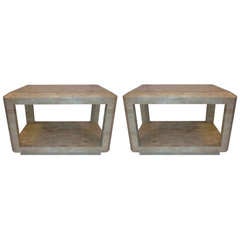 Pair of Fossil Stone Low Tables, Springer Style Brass Inlaid