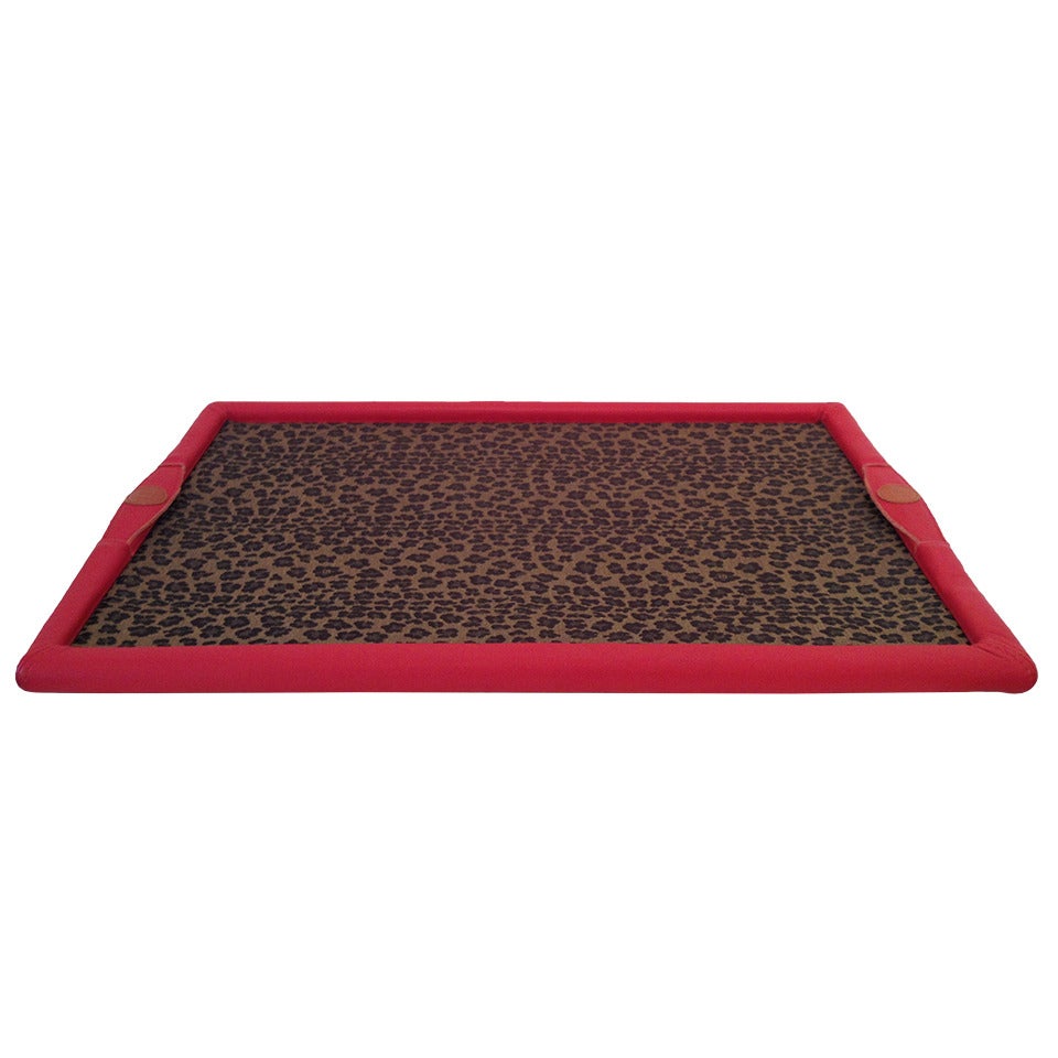 Fendi Red Leather Leopard Print Glass Bar Tray For Sale