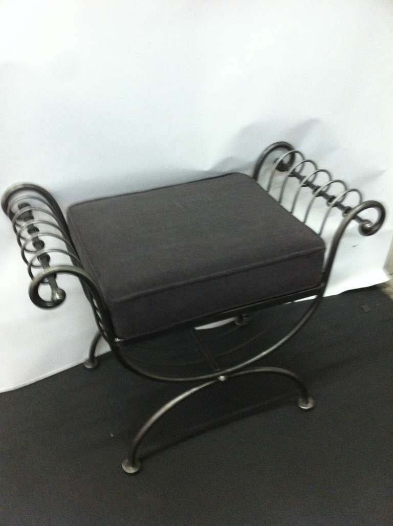 circa 1950 brushed steel Hollywood regency stool mohair cushion
