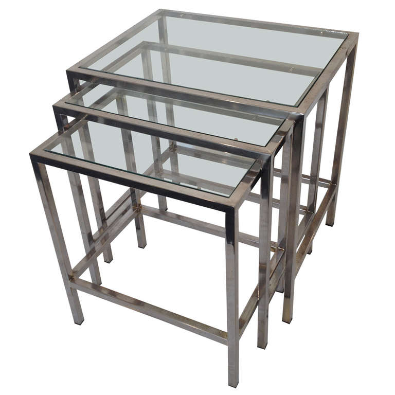 Milo Baughman style Polished Chrome Glass top Nesting Tables