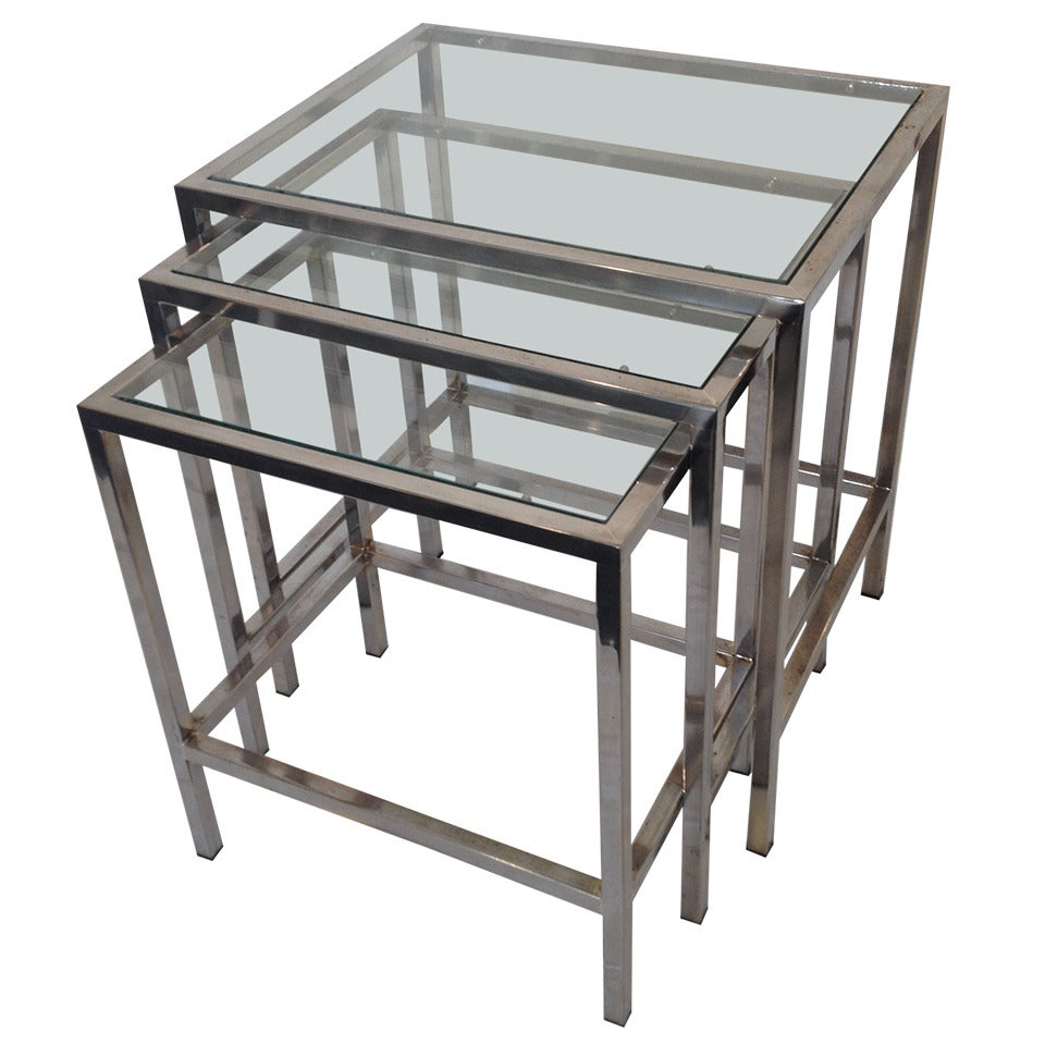 Milo Baughman style Polished Chrome Glass top Nesting Tables For Sale