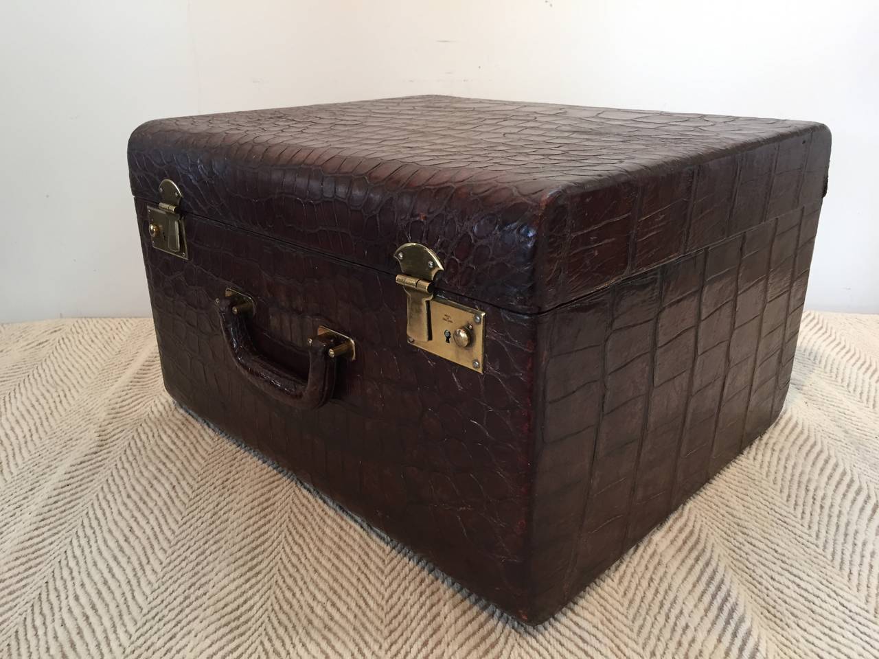 English brown alligator brass lock hardware large travel trunk, with all original lining.