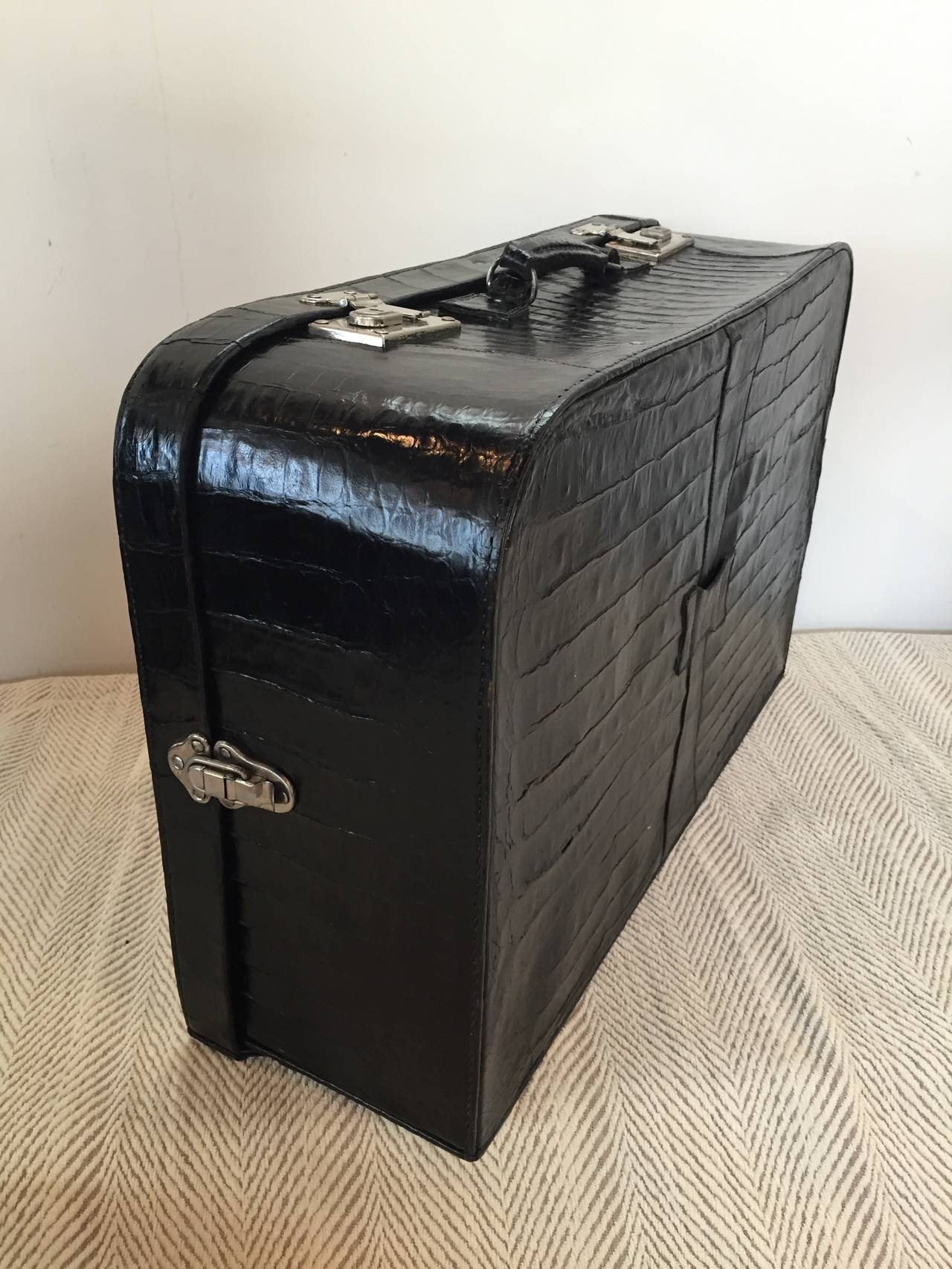 Peruvian Art Deco Black Alligator Suitcase For Sale