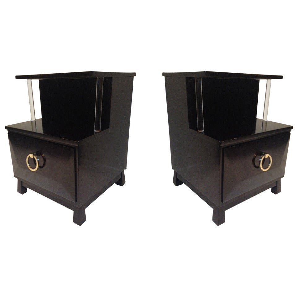 Robsjohn-Gibbings Dark Walnut Lucite Rod End Tables