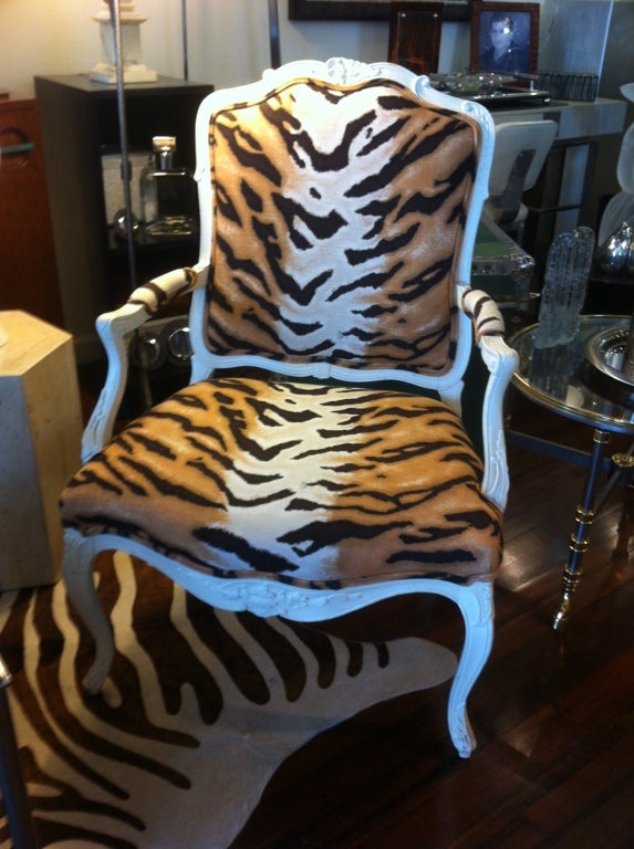 Pair circa 1940's original white painted tiger skin fabric Fauteuil chairs
