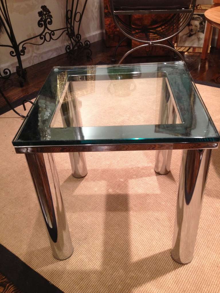 Milo Baughman Style Polished Chrome Glass Small End Table In Excellent Condition For Sale In Westport, CT