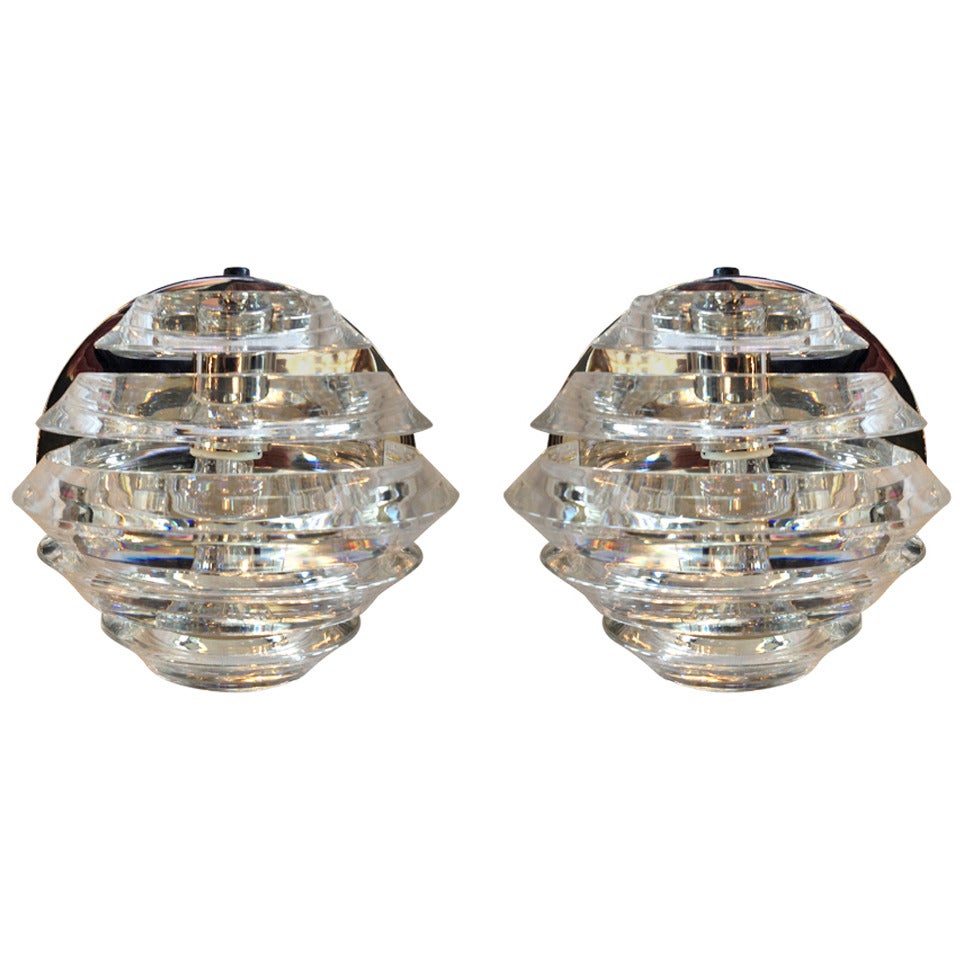 Pair of Polished Nickel and Lucite Sconces