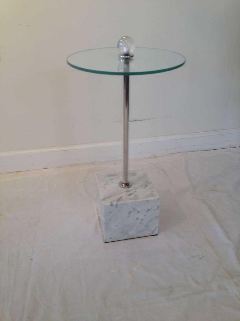Circa 1970's Marble base ,Lucite  column and ball ,glass top petite table Custom made