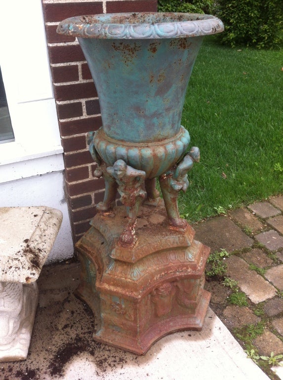 Pair Large Architectural Antique Decorative Cast Iron Antique Urns, washed in and original greenish teal. 