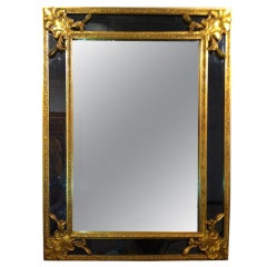 Hollywood Regency Large Gold Leaf Charcoal Black Glass Mirror