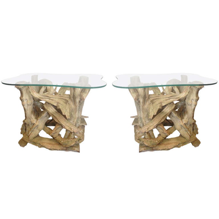 Pair Driftwood Gesso Washed End Tables