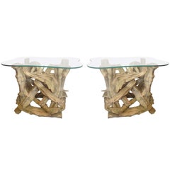 Pair Driftwood Gesso Washed End Tables