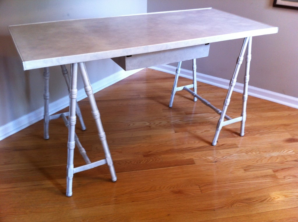 Mid-20th Century leather trestle desk Madame Vanacky