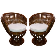 Pair of Slit Reed Bamboo Swivel Chairs