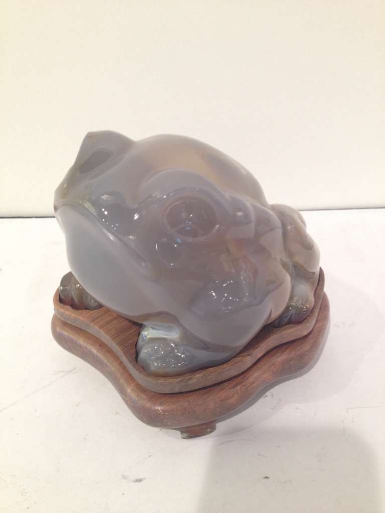 Antique Chinese agate with captured water frog.with handmade wooden base