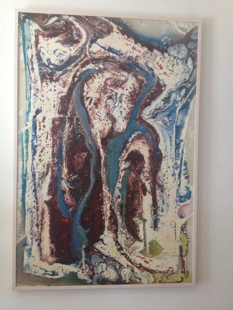 Eska Smythe Öl auf Leinwand. Arbeitete in Paris in den 1960er Jahren und stellte in der Galerie Valerie Schmidt aus, Avant Garde, neu gerahmt, naturfarbenes, gemasertes Holz.