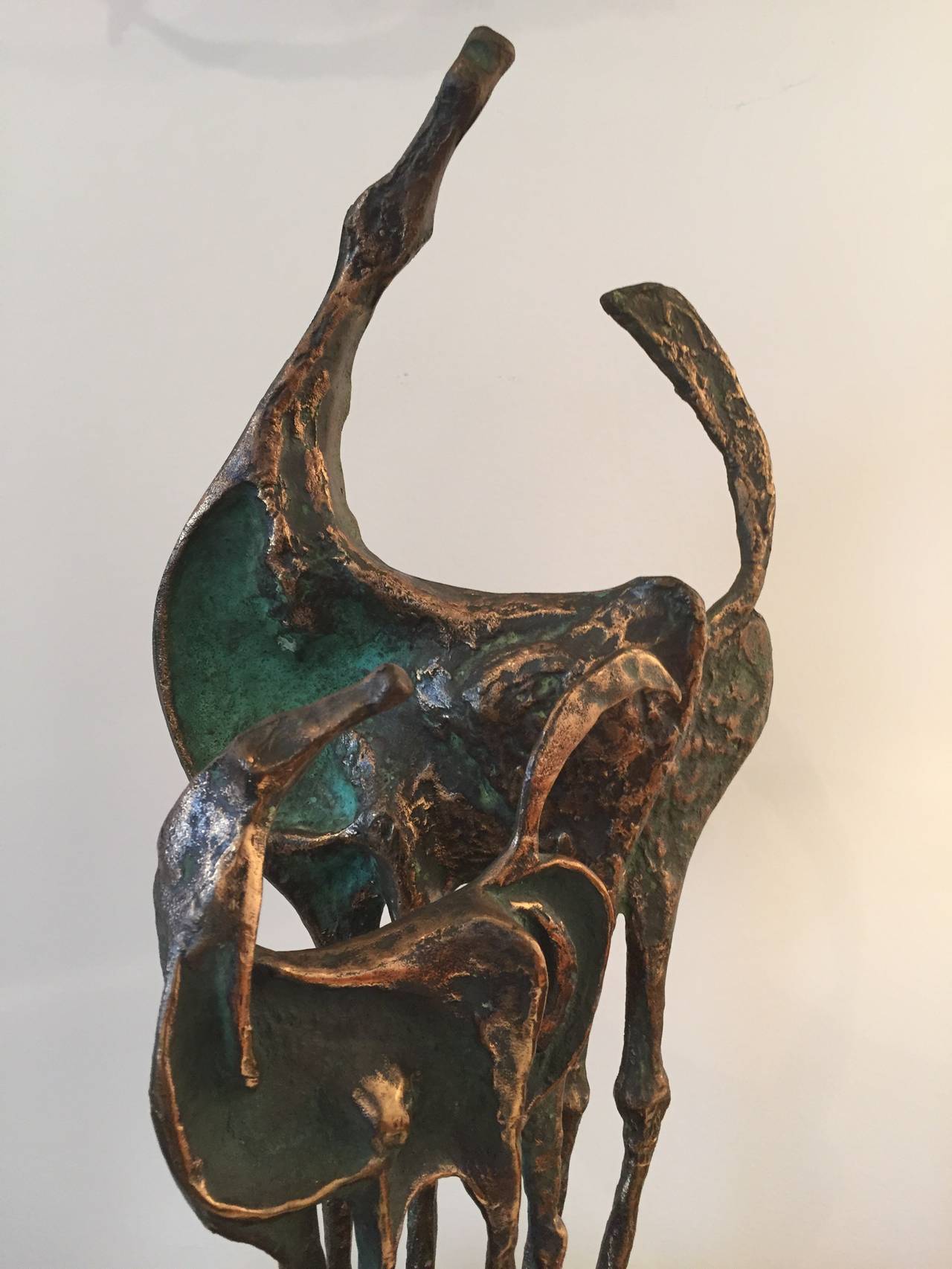 Curtis Jere beautiful bronze two horse sculpture with Verdigris patina, signed and dated, on wooden black base.