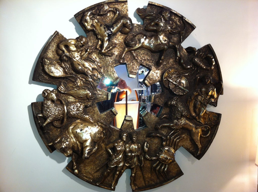 Zodiac Mirror Signed Finesse originals,metallic Gilt burnished patina round Sculptural Mirror