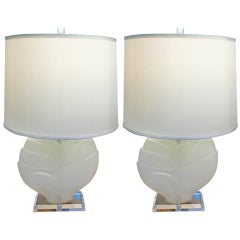 Pair Frosted Glass Lucite Lamps