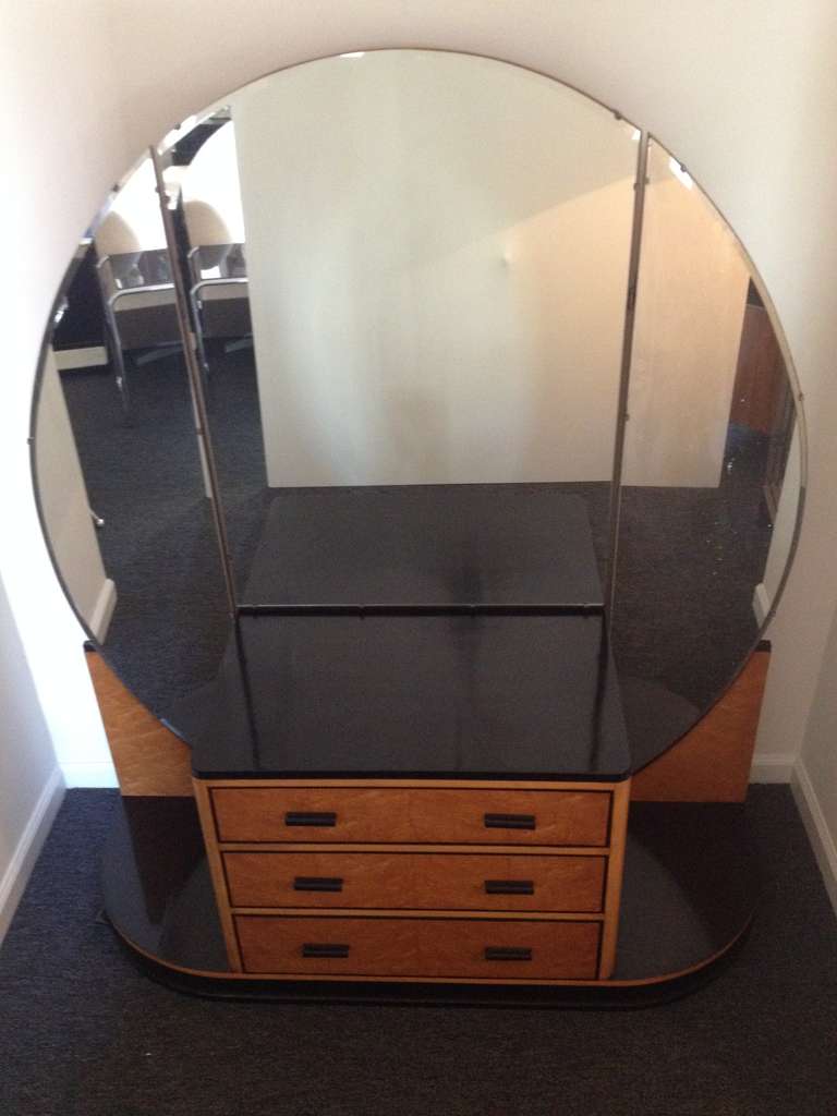 Rare Art Deco Birds eye Maple and dark Sycamore detailed ,3 draw Vanity,with large circular Deco designed Mirror,with adjustable Side Panels for Makeup and hair Viewing.,Rare and Elegant design.