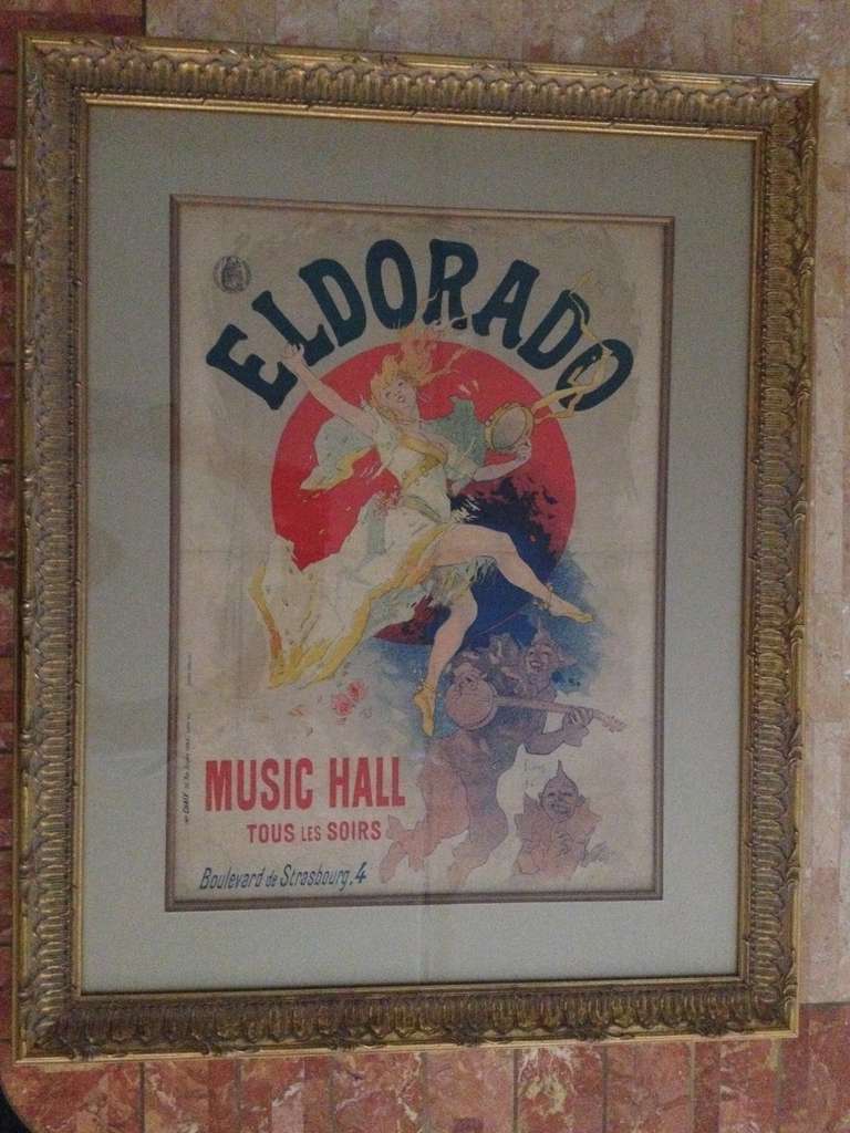 Art Nouveau Jules Cheret Eldorado Music Hall poster,linen backed and matted and framed in ornate Gilt washed frame