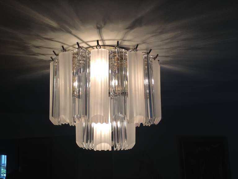 circa 1960's frosted and clear ribbed circular,two tiered deco designed Ceiling fixture/ Chandelier ,Camer style