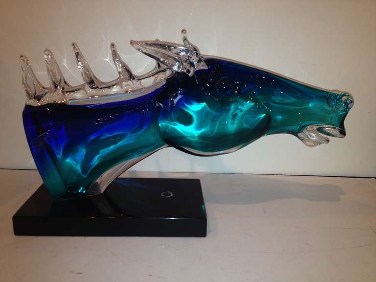 Vincenzo Nason Extra large Murano Glass horse head on black glass base circa 1989,worked for Venini after 1967,formed V Nason glass & cie,great color and ribbon designed Hair