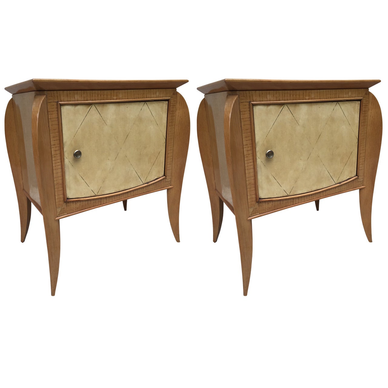 Pair of French Parchment Sycamore End Tables or Nightstands Jules Leleu Style